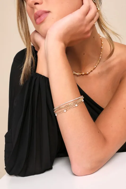 Dazzling Shine Gold Pearl Rhinestone Layered Chain Bracelet sold by Lulus