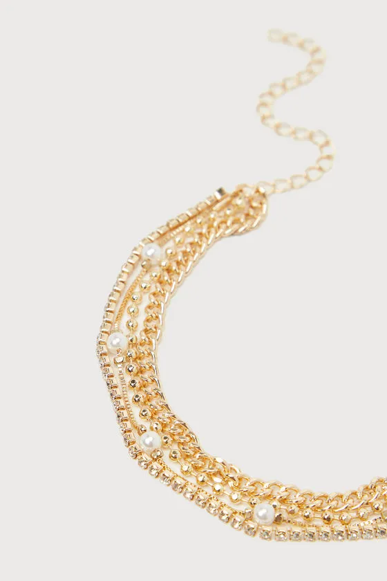 Dazzling Shine Gold Pearl Rhinestone Layered Chain Bracelet sold by Lulus product image thumbnail 2