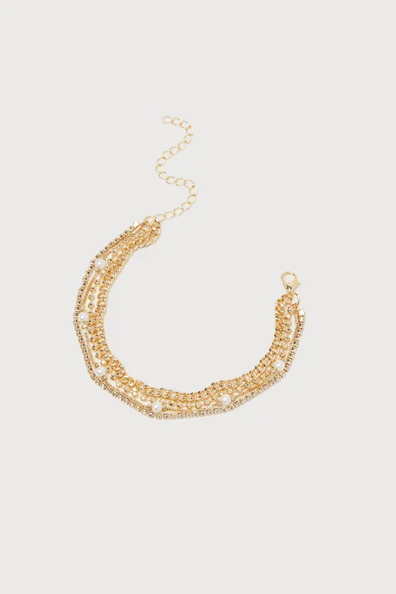 Dazzling Shine Gold Pearl Rhinestone Layered Chain Bracelet sold by Lulus product image thumbnail 3