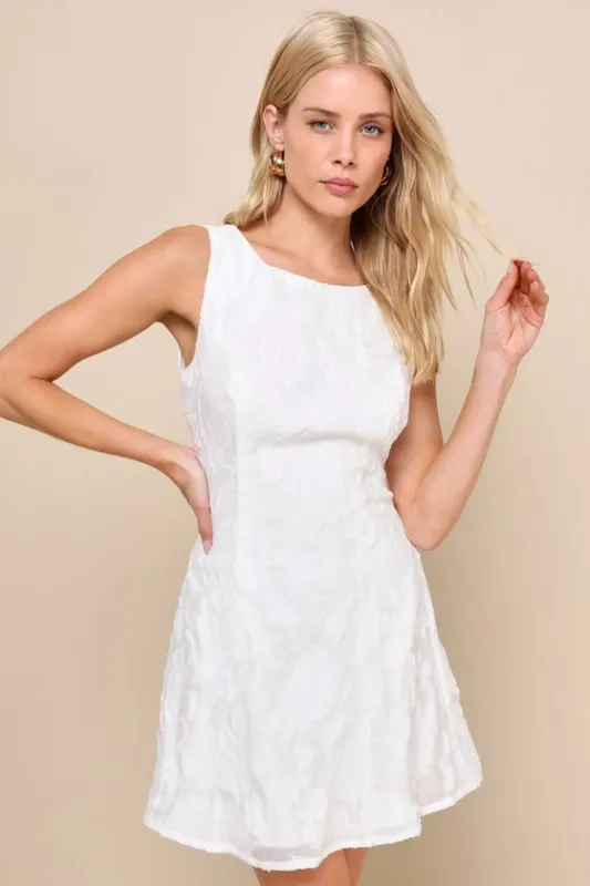 Exquisite Moments White Floral Jacquard Sleeveless Mini Dress sold by Lulus