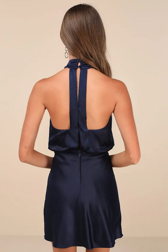 Sleek Essence Navy Blue Satin Halter Sleeveless Mini Dress sold by Lulus product image thumbnail 3