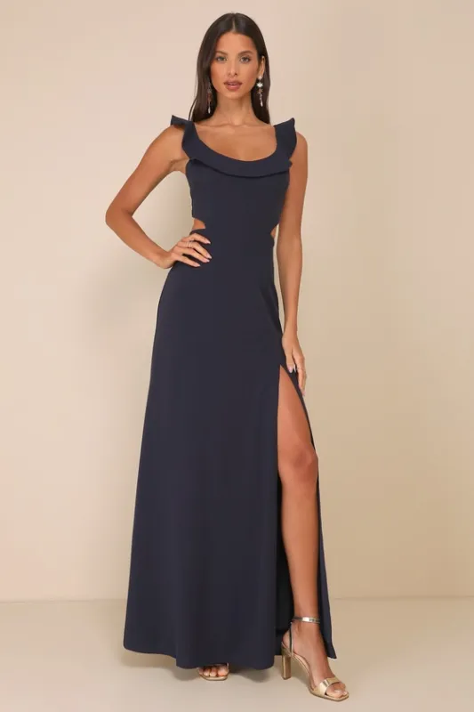 Captivating Charisma Navy Ruffled Cutout Tie-Back Maxi Dress sold by Lulus