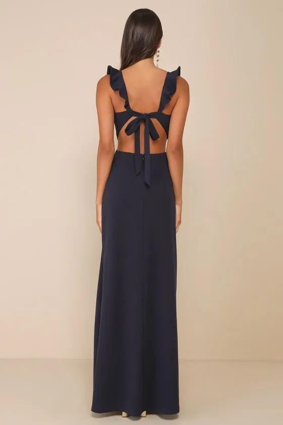Captivating Charisma Navy Ruffled Cutout Tie-Back Maxi Dress sold by Lulus product image thumbnail 2