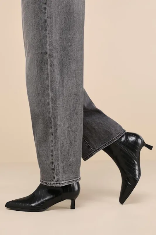 Portwood Black Croc-Embossed Kitten Heel Ankle Booties sold by Lulus