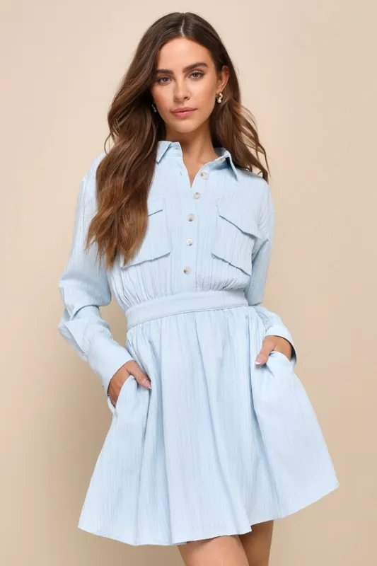 Adored Persona Light Blue Textured Mini Dress With Pockets sold by Lulus