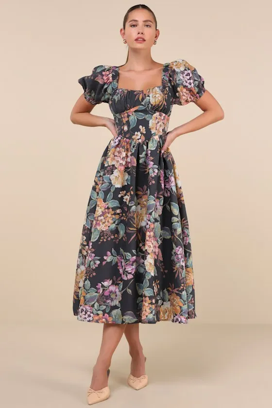 Adorable Tendencies Dark Grey Floral Puff Sleeve Midi Dress sold by Lulus