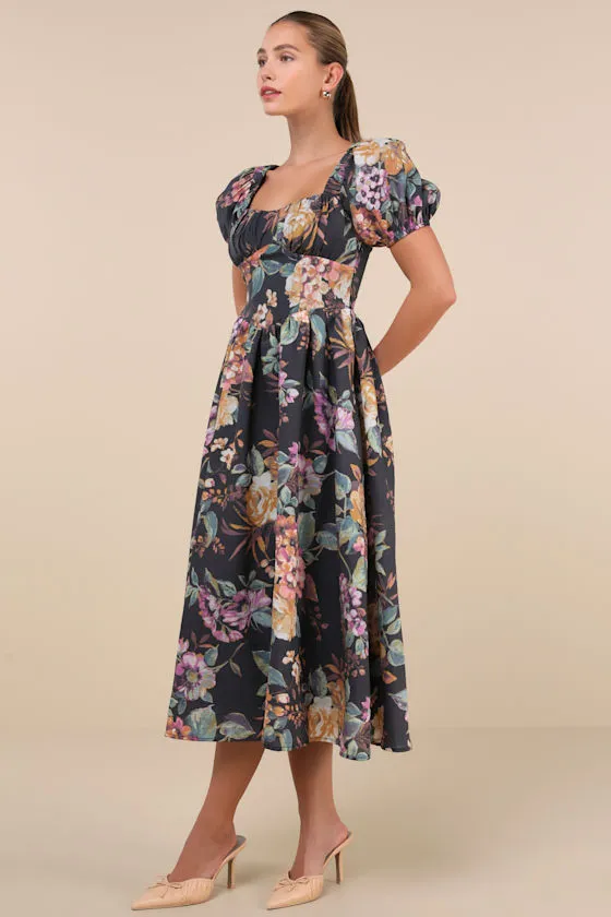 Adorable Tendencies Dark Grey Floral Puff Sleeve Midi Dress sold by Lulus product image thumbnail 2