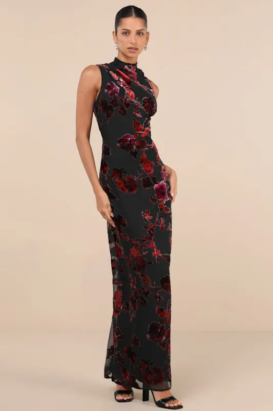 Composed Glamour Black Burnout Velvet Mock Neck Maxi Dress sold by Lulus