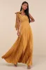 Gorgeous Purpose Gold Satin Pleated Sleeveless Bow Maxi Dress sold by Lulus