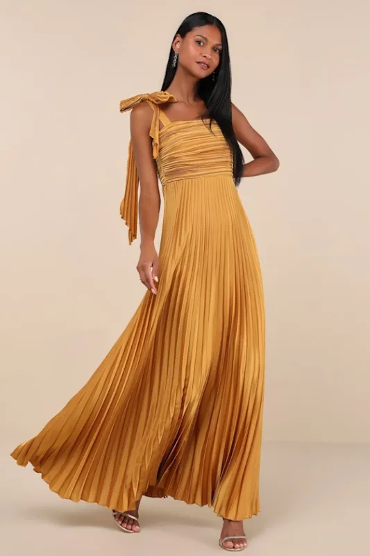 Gorgeous Purpose Gold Satin Pleated Sleeveless Bow Maxi Dress sold by Lulus