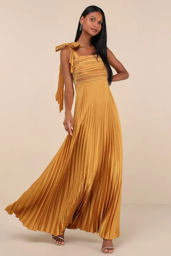 Gorgeous Purpose Gold Satin Pleated Sleeveless Bow Maxi Dress sold by Lulus