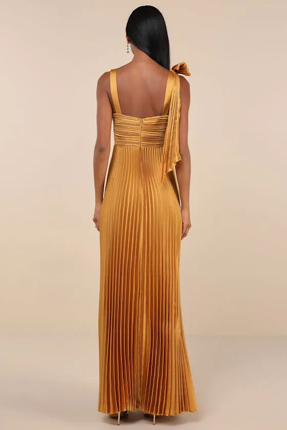Gorgeous Purpose Gold Satin Pleated Sleeveless Bow Maxi Dress sold by Lulus product image thumbnail 2