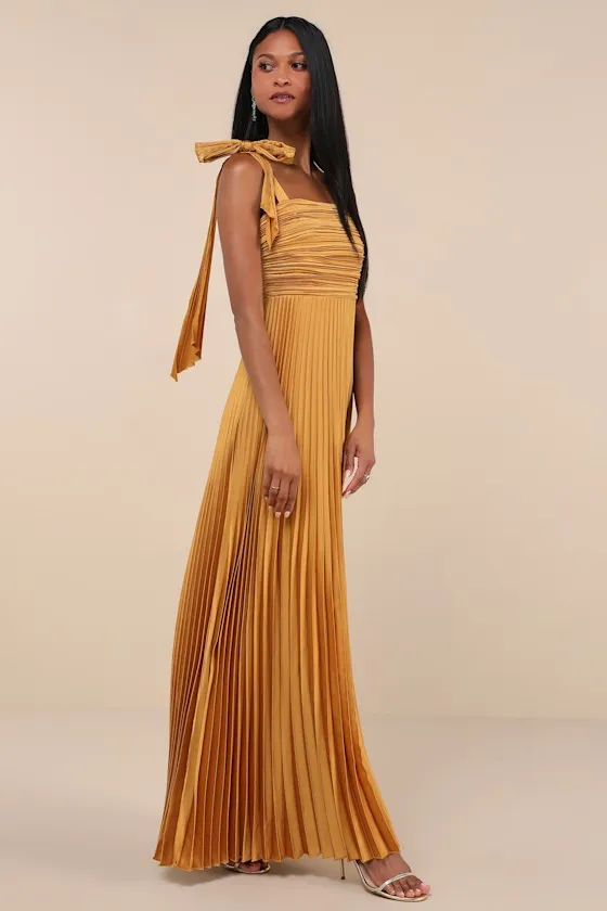 Gorgeous Purpose Gold Satin Pleated Sleeveless Bow Maxi Dress sold by Lulus product image thumbnail 3