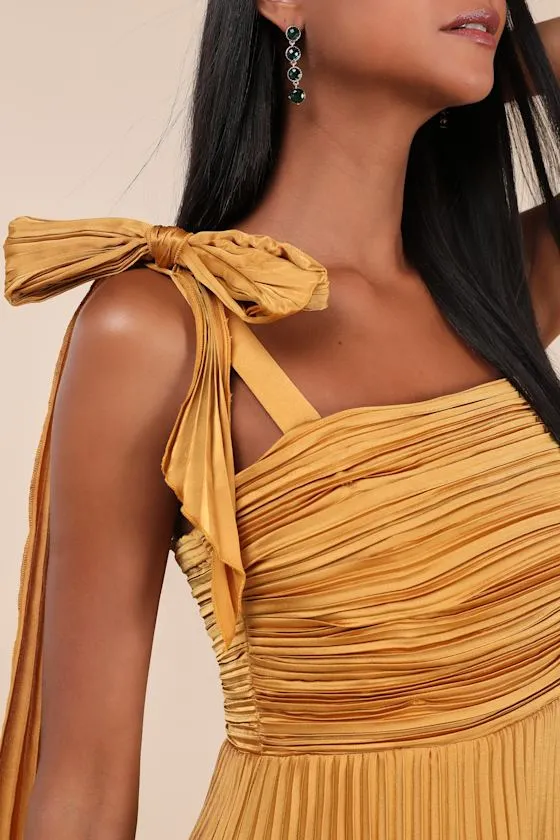 Gorgeous Purpose Gold Satin Pleated Sleeveless Bow Maxi Dress sold by Lulus product image thumbnail 4