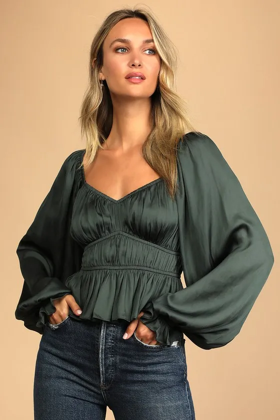 Sophisticate Dark Green Satin Ruched Long Sleeve Top sold by Lulus