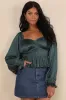 Sophisticate Dark Green Satin Ruched Long Sleeve Top sold by Lulus