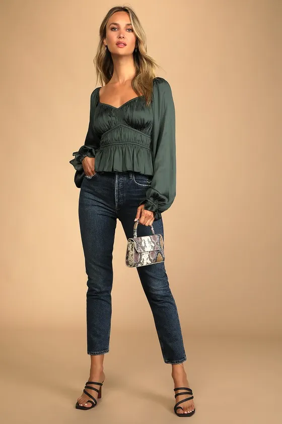 Sophisticate Dark Green Satin Ruched Long Sleeve Top sold by Lulus product image thumbnail 4