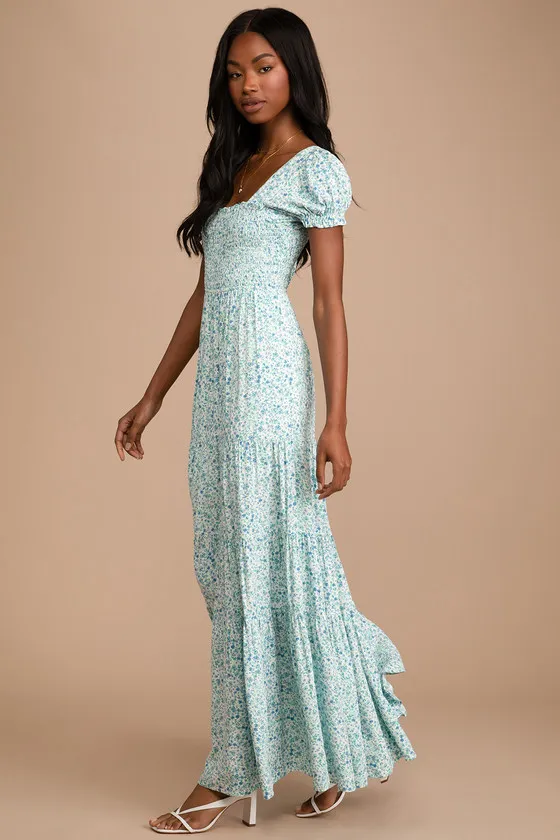 Ready to Bloom Ivory Floral Print Smocked Tiered Maxi Dress sold by Lulus product image thumbnail 3