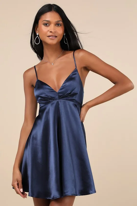 Happily Yours Navy Blue Satin Skater Mini Dress sold by Lulus