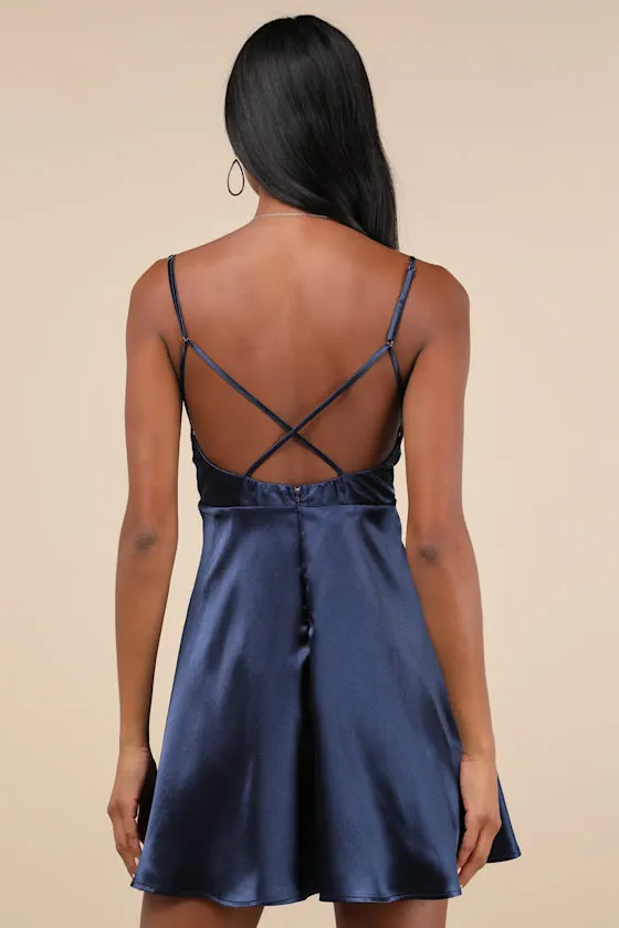 Happily Yours Navy Blue Satin Skater Mini Dress sold by Lulus product image thumbnail 3