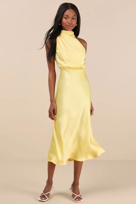 Distinctive Charm Yellow Satin Asymmetrical Midi Dress sold by Lulus