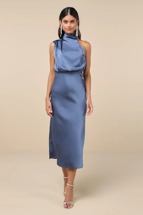 Distinctive Charm Slate Blue Satin Asymmetrical Midi Dress sold by Lulus