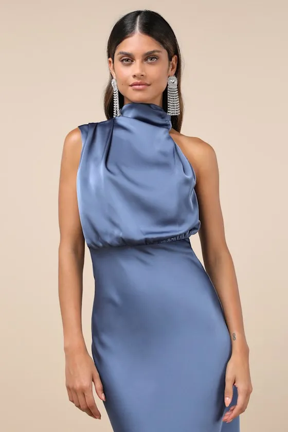 Distinctive Charm Slate Blue Satin Asymmetrical Midi Dress sold by Lulus product image thumbnail 2