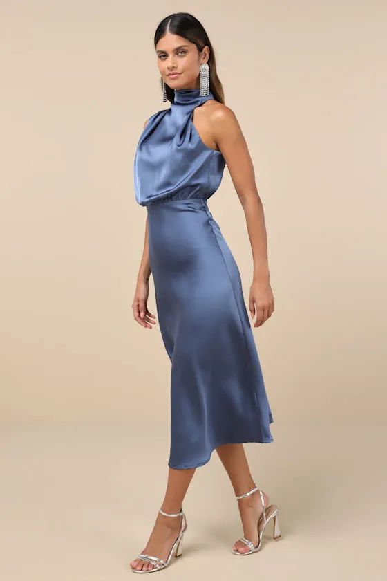 Distinctive Charm Slate Blue Satin Asymmetrical Midi Dress sold by Lulus product image thumbnail 3