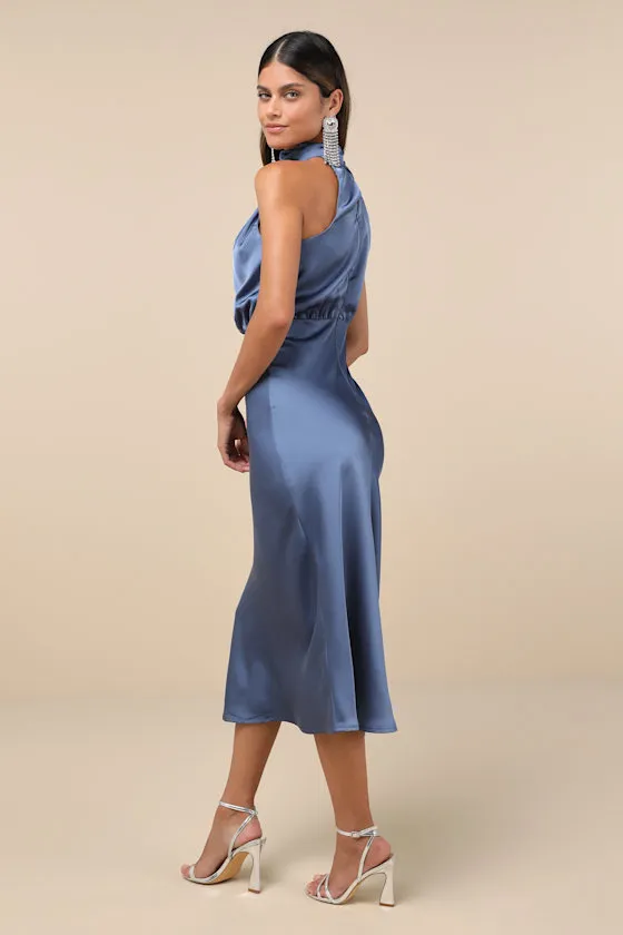 Distinctive Charm Slate Blue Satin Asymmetrical Midi Dress sold by Lulus product image thumbnail 4