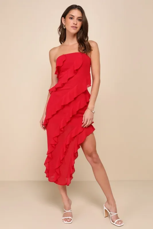 Haute Date Red Chiffon Ruffled Strapless Midi Dress sold by Lulus