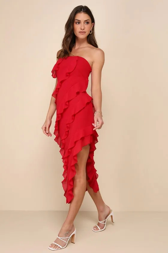 Haute Date Red Chiffon Ruffled Strapless Midi Dress sold by Lulus product image thumbnail 2