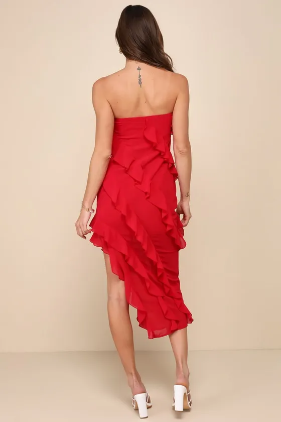 Haute Date Red Chiffon Ruffled Strapless Midi Dress sold by Lulus product image thumbnail 3