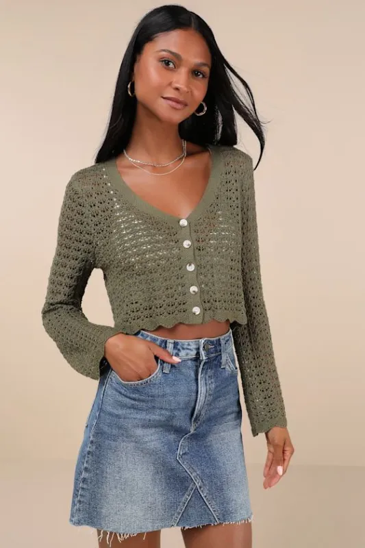 Stellar Sweetie Olive Green Pointelle Knit Cropped Cardigan sold by Lulus