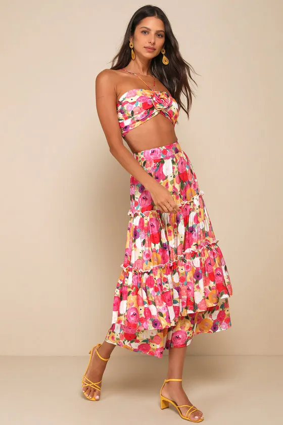 Incredible Aura Pink Multi Floral Rosette Halter Neck Crop Top sold by Lulus product image thumbnail 3