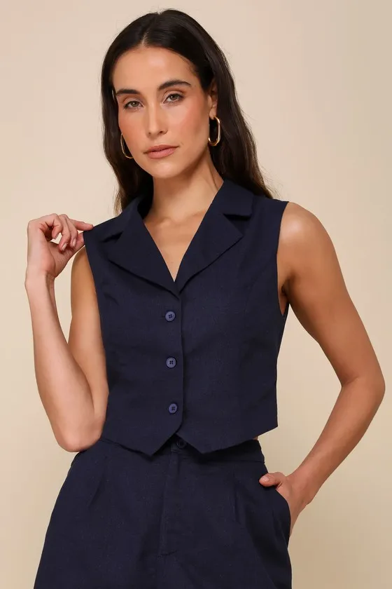 Charismatic Entrance Navy Blue Linen Collared Vest Top sold by Lulus