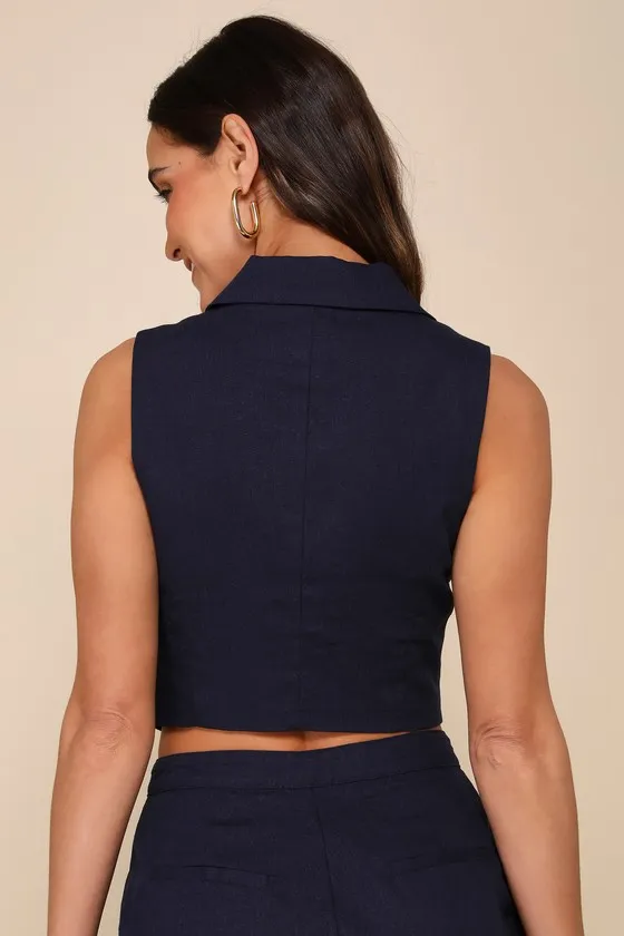 Charismatic Entrance Navy Blue Linen Collared Vest Top sold by Lulus product image thumbnail 2
