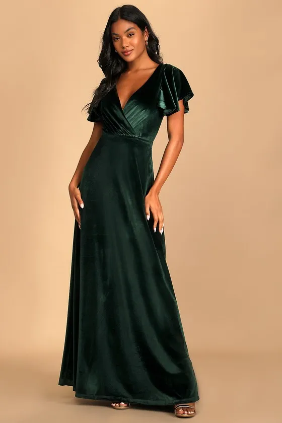 Absolutely Amazed Emerald Green Velvet Flutter Sleeve Maxi Dress sold by Lulus