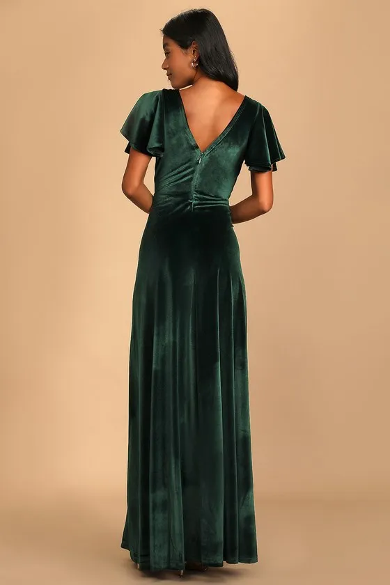 Absolutely Amazed Emerald Green Velvet Flutter Sleeve Maxi Dress sold by Lulus product image thumbnail 4