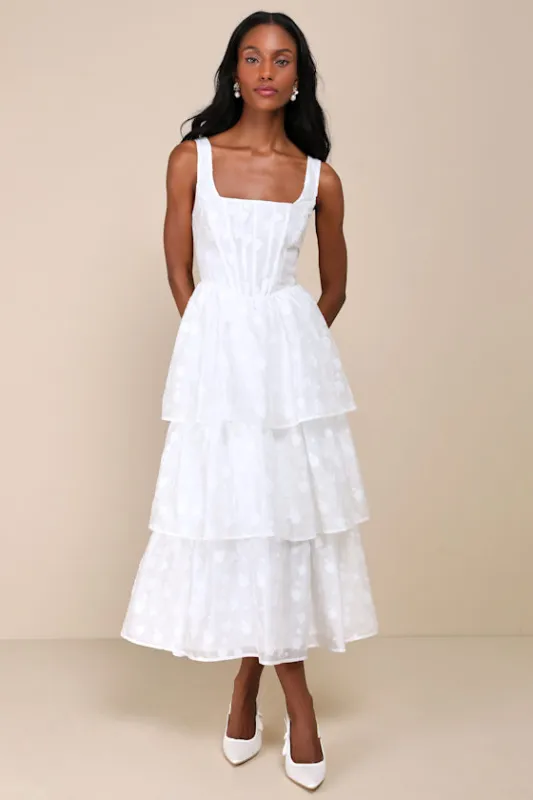 Sweet Potential White Floral Burnout Bustier Tiered Midi Dress sold by Lulus