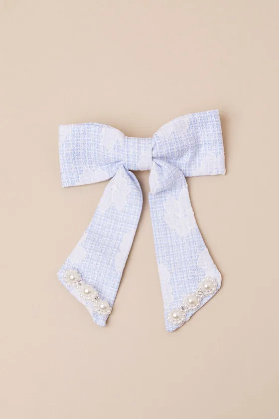 Rodeo Blue Tweed Pearl Rhinestone Hair Bow Barrette sold by Lulus product image thumbnail 3