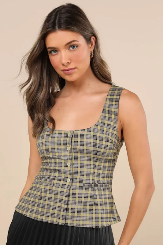Ganita Yellow Plaid Scoop Neck Button-Front Sleeveless Vest Top sold by Lulus