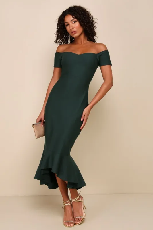 How Much I Care Dark Green Off-the-Shoulder Midi Dress made by Lulus