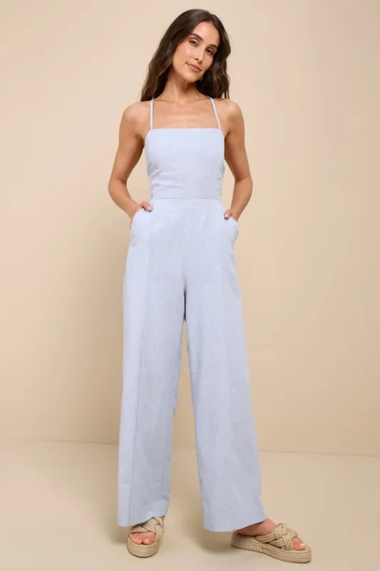 Sweetly Elevated Light Blue Linen Backless Wide-Leg Jumpsuit sold by Lulus