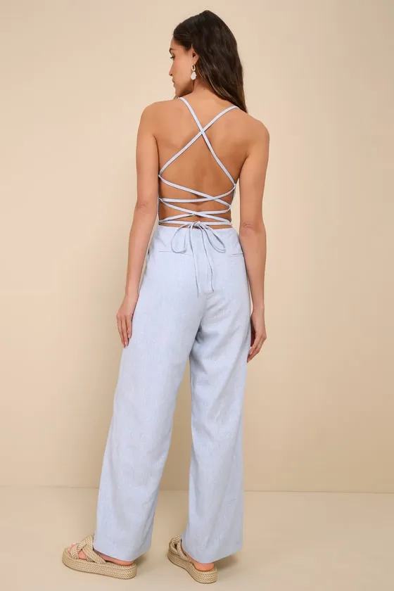 Sweetly Elevated Light Blue Linen Backless Wide-Leg Jumpsuit sold by Lulus product image thumbnail 2