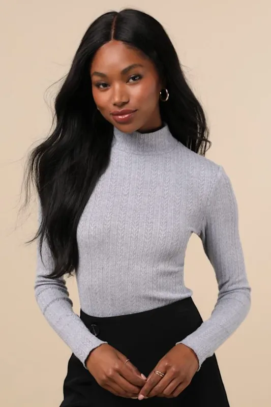 Idyllic Option Light Grey Pointelle Knit Mock Neck Sweater Top sold by Lulus