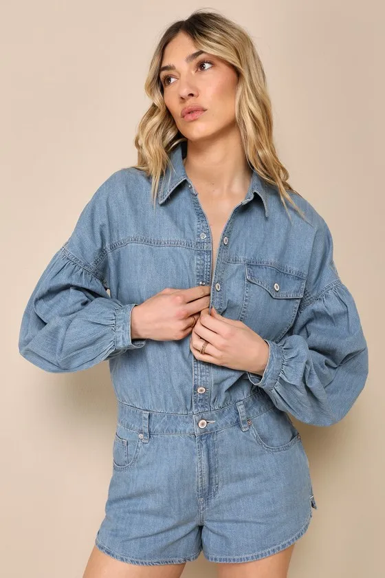 Zodiac Medium Wash Chambray Balloon Sleeve Button-Front Romper sold by Lulus