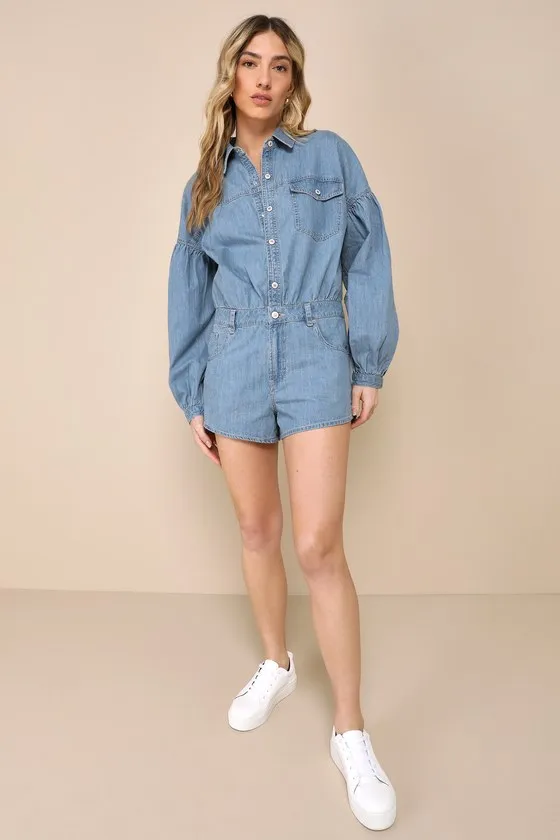 Zodiac Medium Wash Chambray Balloon Sleeve Button-Front Romper sold by Lulus product image thumbnail 2