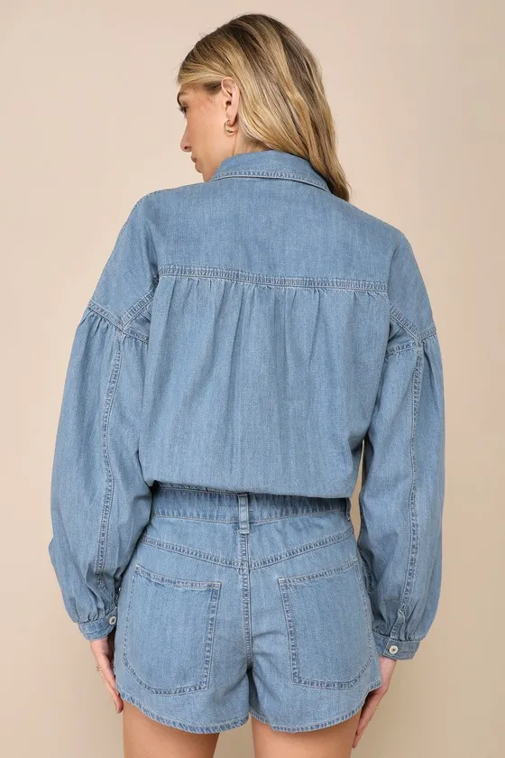 Zodiac Medium Wash Chambray Balloon Sleeve Button-Front Romper sold by Lulus product image thumbnail 3