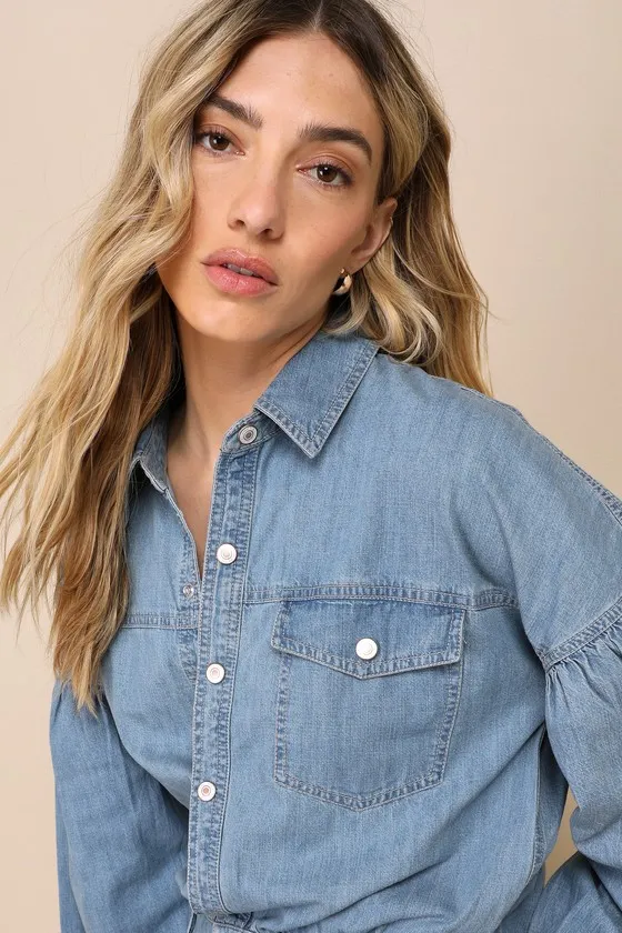 Zodiac Medium Wash Chambray Balloon Sleeve Button-Front Romper sold by Lulus product image thumbnail 4