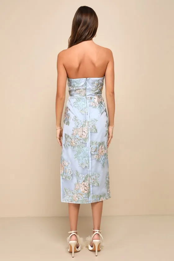 Upgraded Event Blue Jacquard Strapless Bustier Midi Dress sold by Lulus product image thumbnail 4